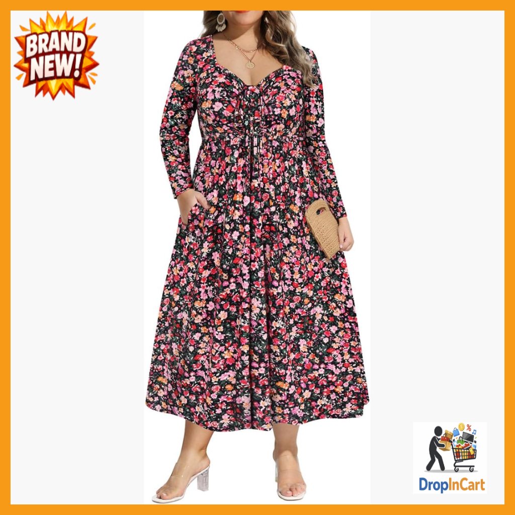 Floral Boho Maxi Dress Long Sleeve Empire Waist Sweetheart Neck Plus Size